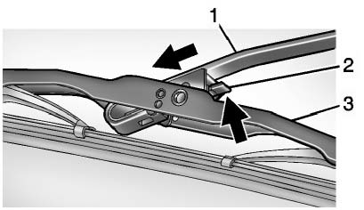 Chevrolet Equinox: Vehicle Checks. 2. Push the release lever (2) to disengage the hook and push the wiper arm (1)