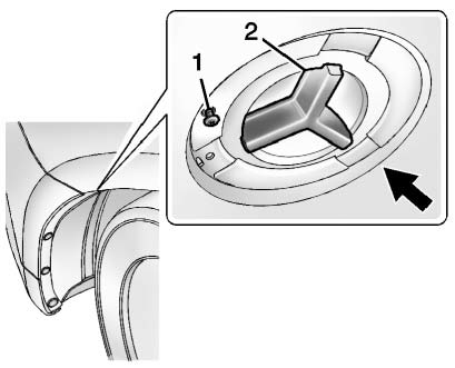 Chevrolet Equinox: Bulb Replacement. 2. Remove screw (1) and turn access port cap (2) counterclockwise to remove.